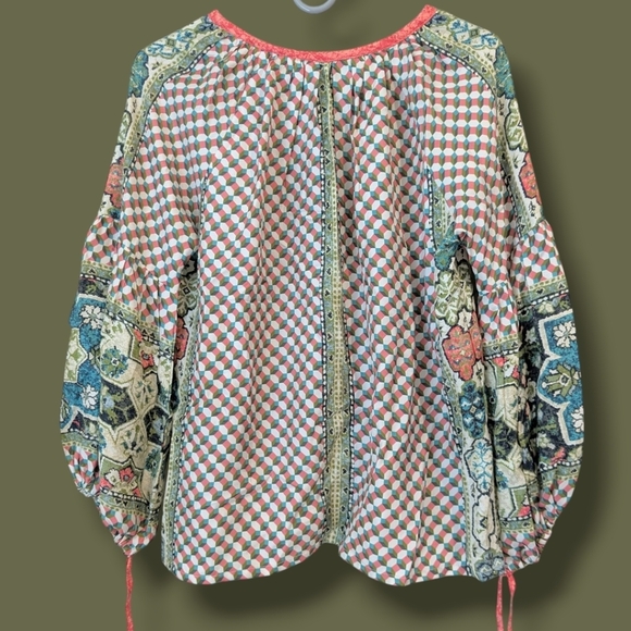 D'ascoli Pink Green Geometric Floral Printed 100% Silk Balloon Sleeve Top Artsy - Picture 2 of 11